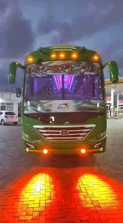 Greenline Royal emerald executive coach at a night fuel stop