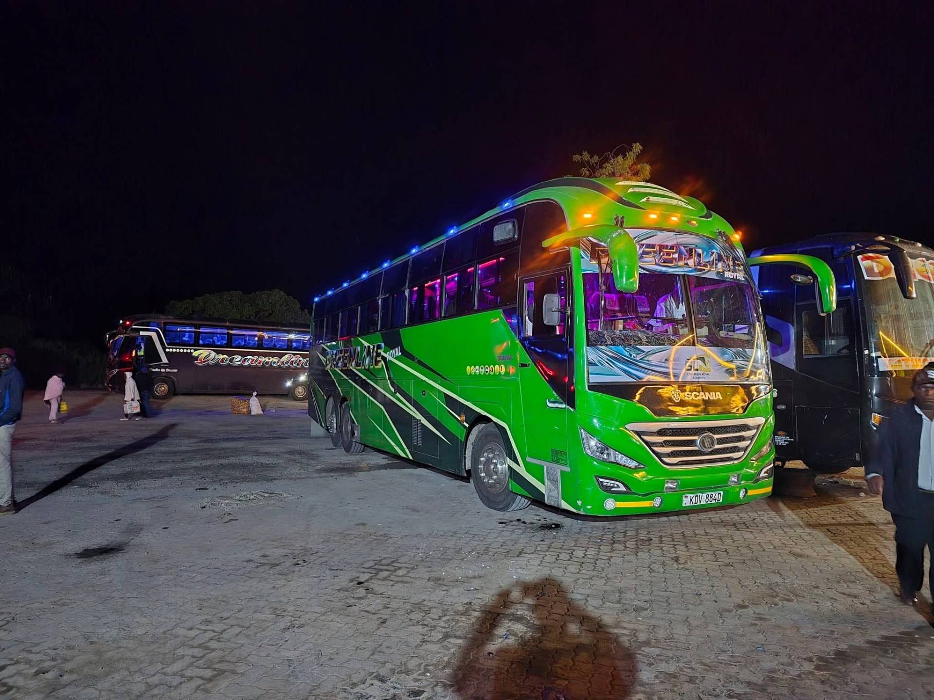 Greenline Royal night convoy in vivid green livery at depot