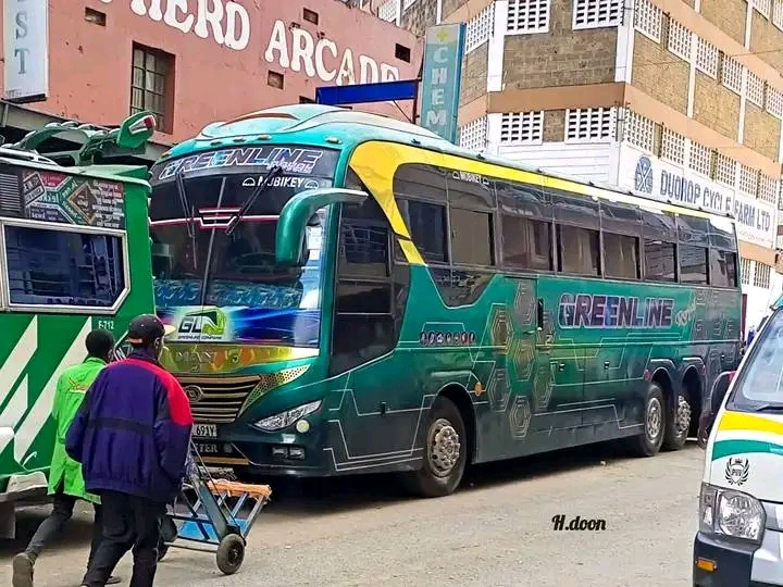 Greenline Royal Master emerald coach at Nairobi terminus